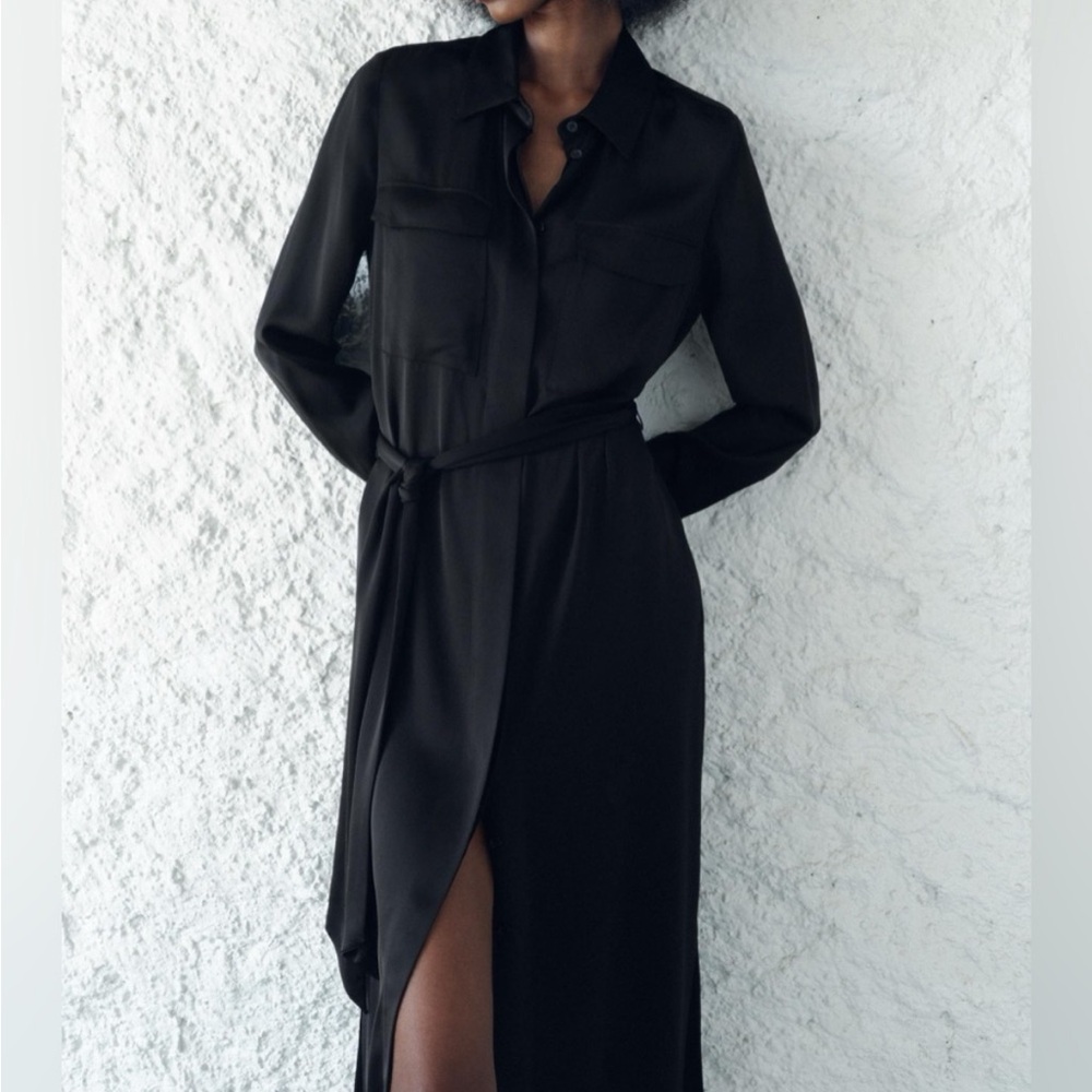 Zara Button Down Shirt Midi Dress with Waist Tie